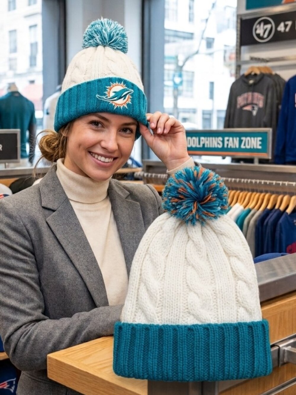 New Era Miami Dolphins Cozy Cable Cuffed Knit Pom Beanie Hat Teal White NWOT